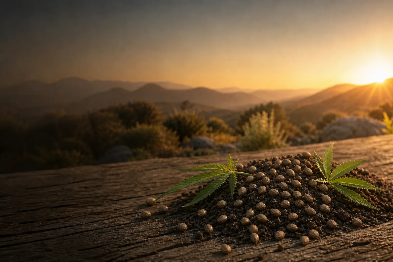 Premium cannabis seeds on natural growing soil with California mountains at sunset