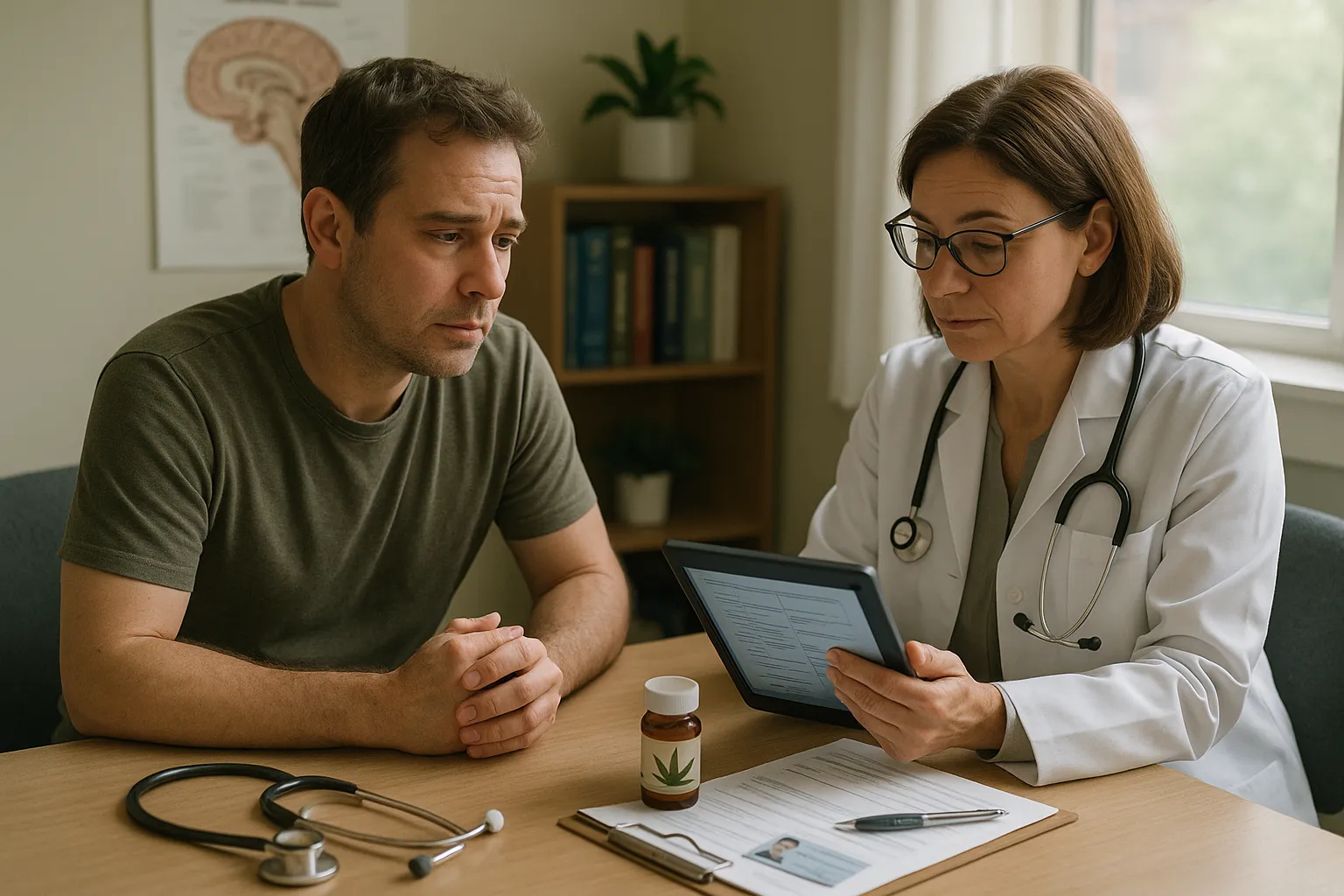 Patient discussing anxiety and medical marijuana with doctor