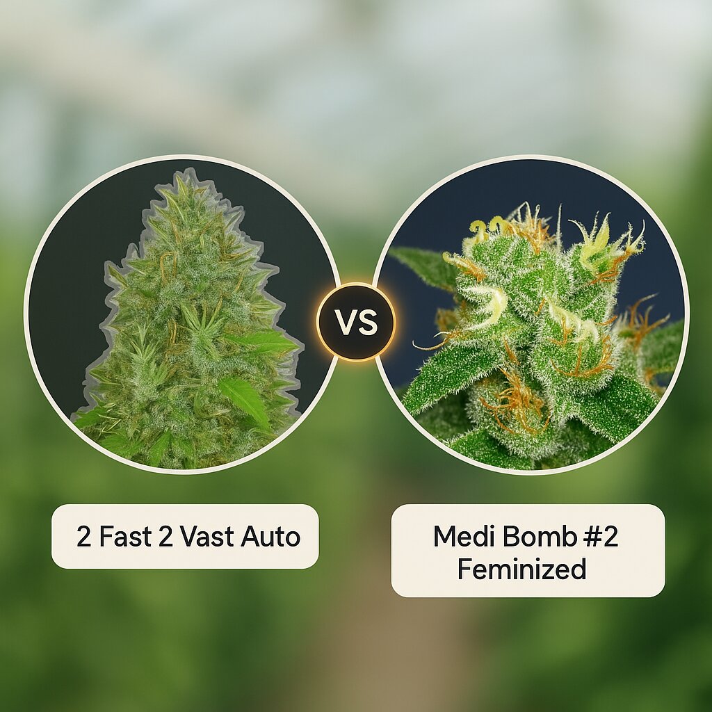 2 Fast 2 Vast Auto (Heavyweight Seeds) vs Medi Bomb #2 (Bomb Seeds) cannabis seeds comparison