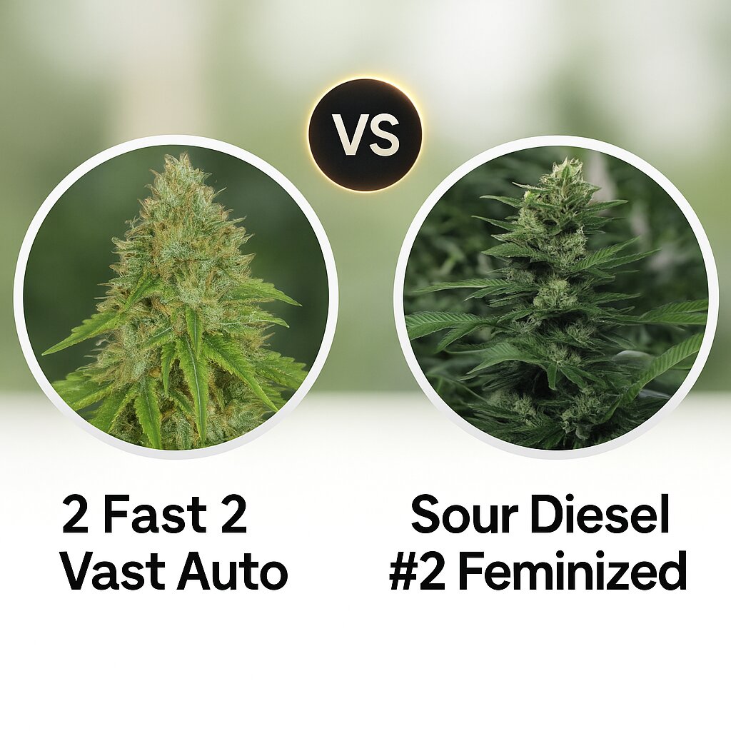 2 Fast 2 Vast Auto (Heavyweight Seeds) vs Sour Diesel #2 (Humboldt Seed Organization) cannabis seeds comparison