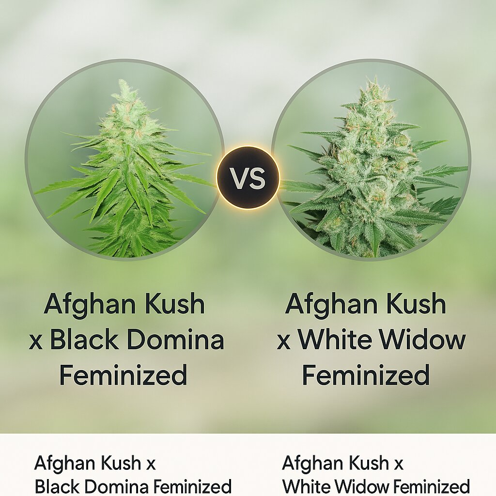 Afghan Kush x Black Domina (World of Seeds) vs Afghan Kush x White Widow (World of Seeds) cannabis seeds comparison
