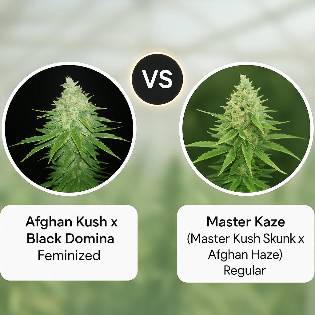 Afghan Kush x Black Domina (World of Seeds) vs Master Kaze (Master Kush Skunk x Afghan Haze) (Mr Nice Seedbank) cannabis seeds comparison