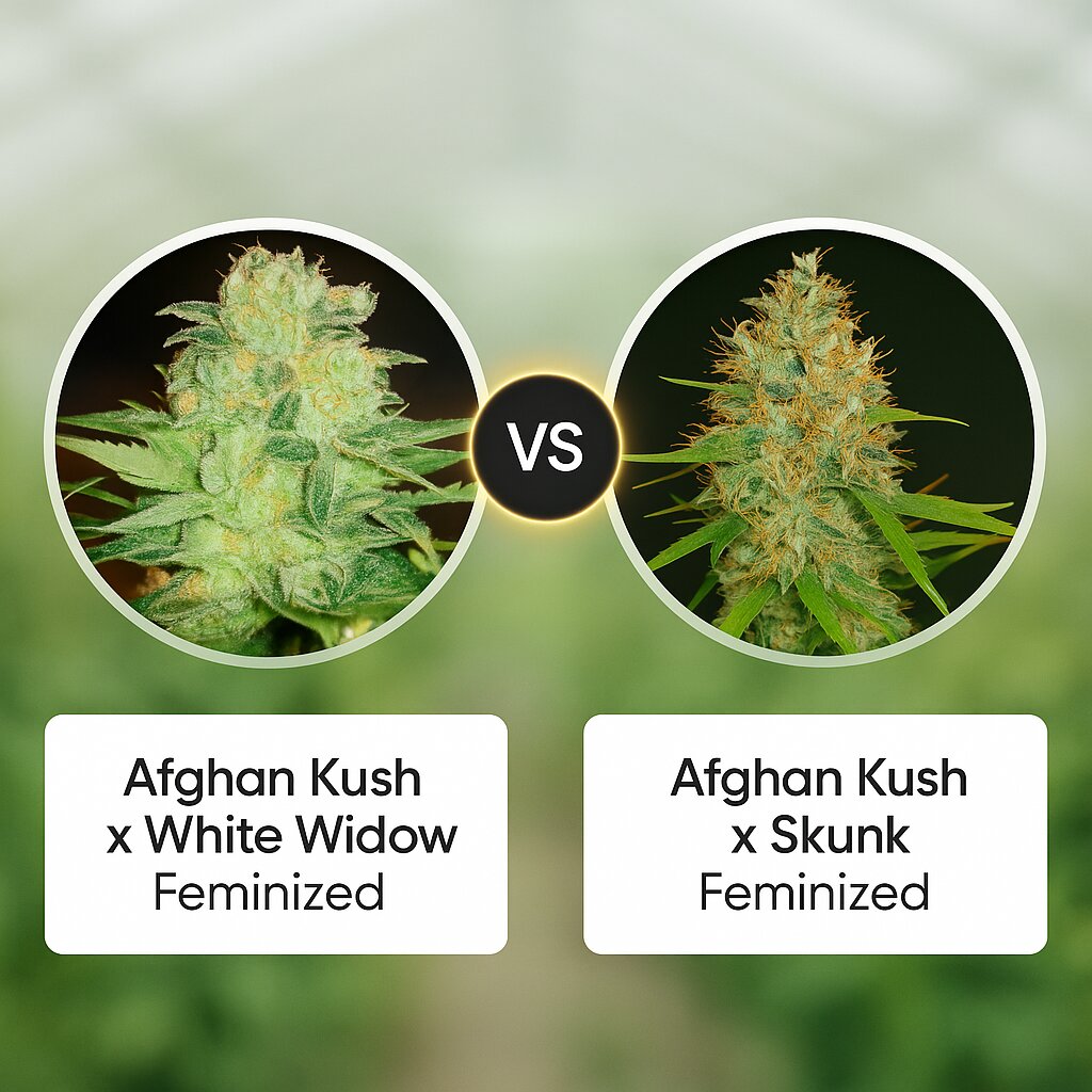 Afghan Kush x White Widow (World of Seeds) vs Afghan Kush x Skunk (World of Seeds) cannabis seeds comparison