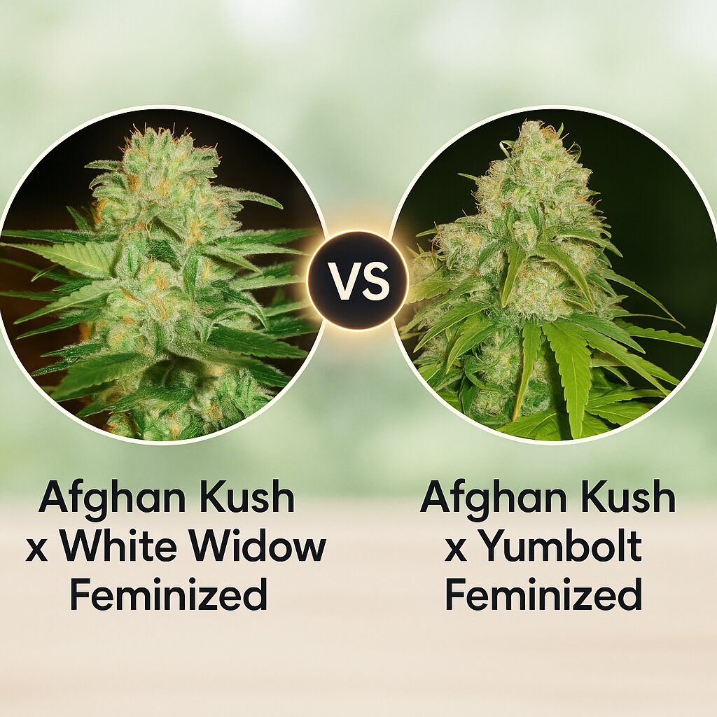 Afghan Kush x White Widow (World of Seeds) vs Afghan Kush x Yumbolt (World of Seeds) cannabis seeds comparison