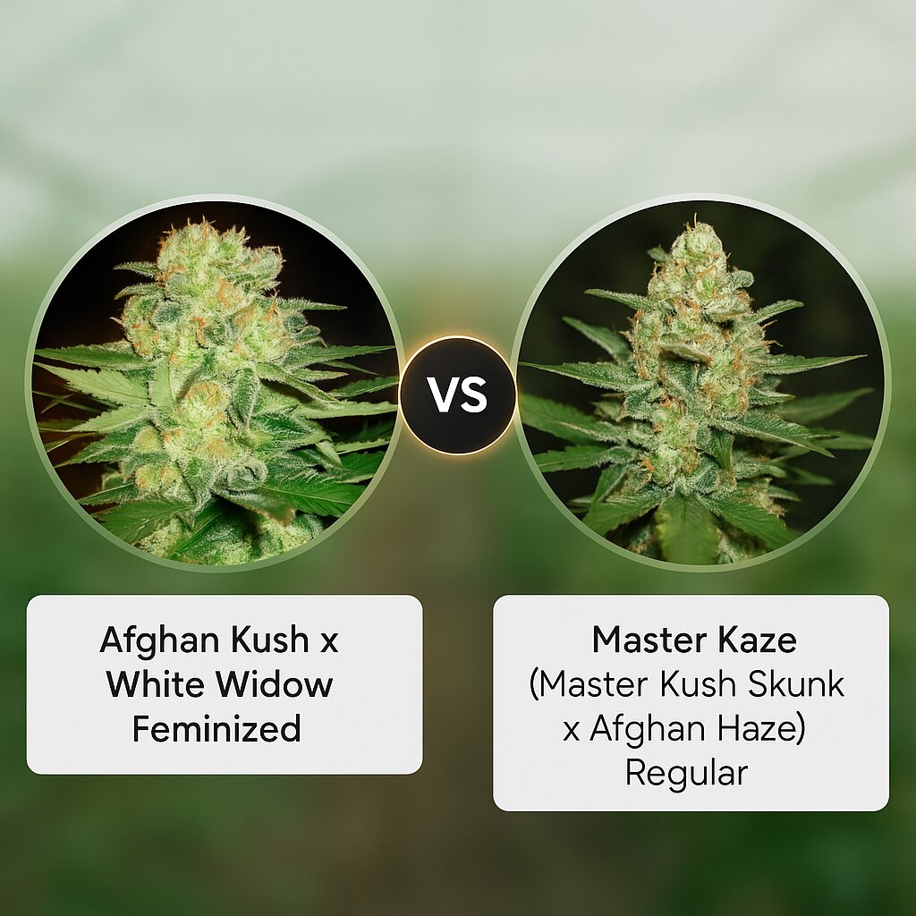 Afghan Kush x White Widow (World of Seeds) vs Master Kaze (Master Kush Skunk x Afghan Haze) (Mr Nice Seedbank) cannabis seeds comparison