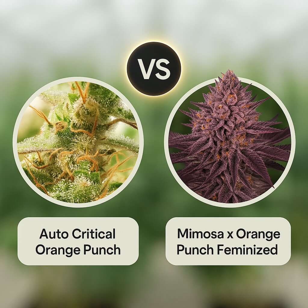 Auto Critical Orange Punch (Dutch Passion) vs Mimosa x Orange Punch (Barneys Farm) cannabis seeds comparison