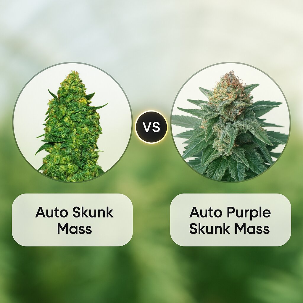 Auto Skunk Mass (Advanced Seeds) vs Auto Purple Skunk Mass (Critical Mass Collective) cannabis seeds comparison