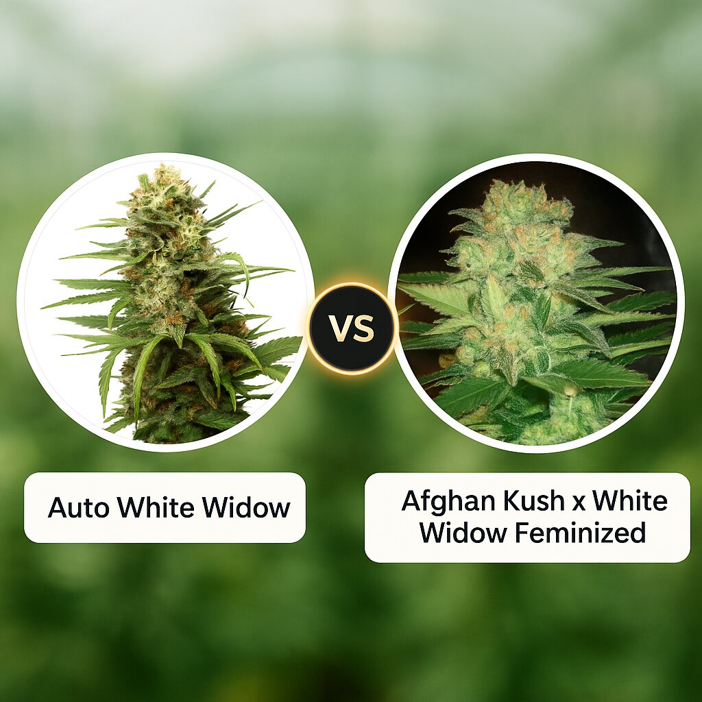 Auto White Widow (Dutch Passion) vs Afghan Kush x White Widow (World of Seeds) cannabis seeds comparison