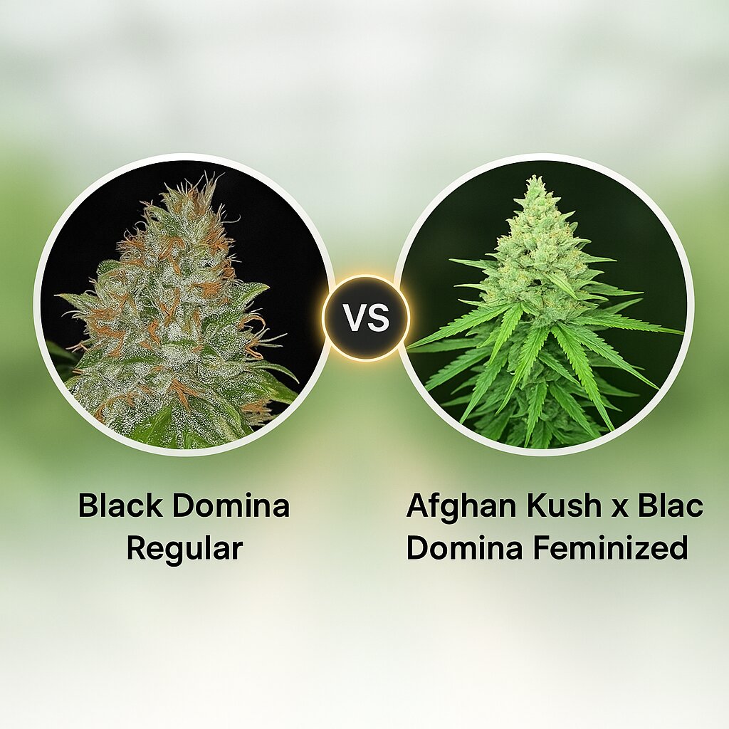 Black Domina (Sensi Seeds) vs Afghan Kush x Black Domina (World of Seeds) cannabis seeds comparison