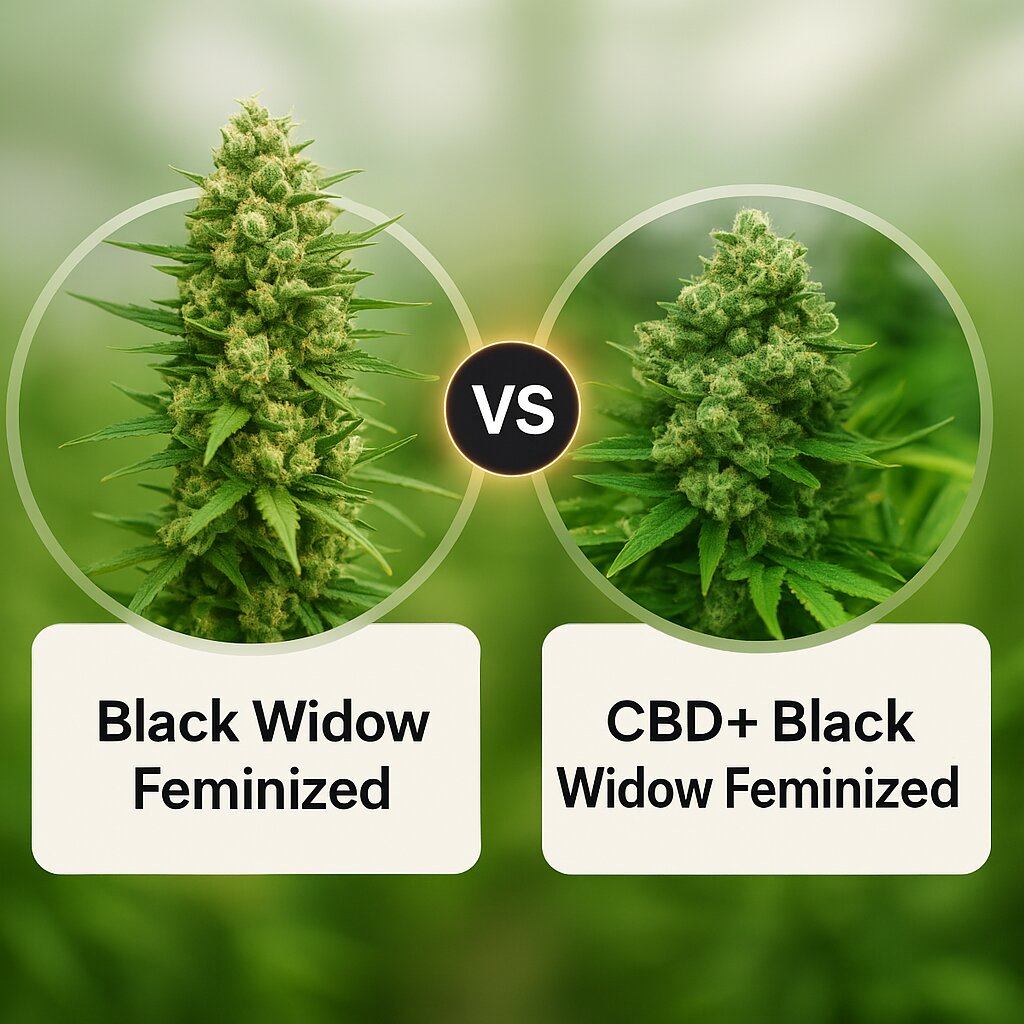Black Widow (Positronics) vs CBD+ Black Widow (Positronics) cannabis seeds comparison