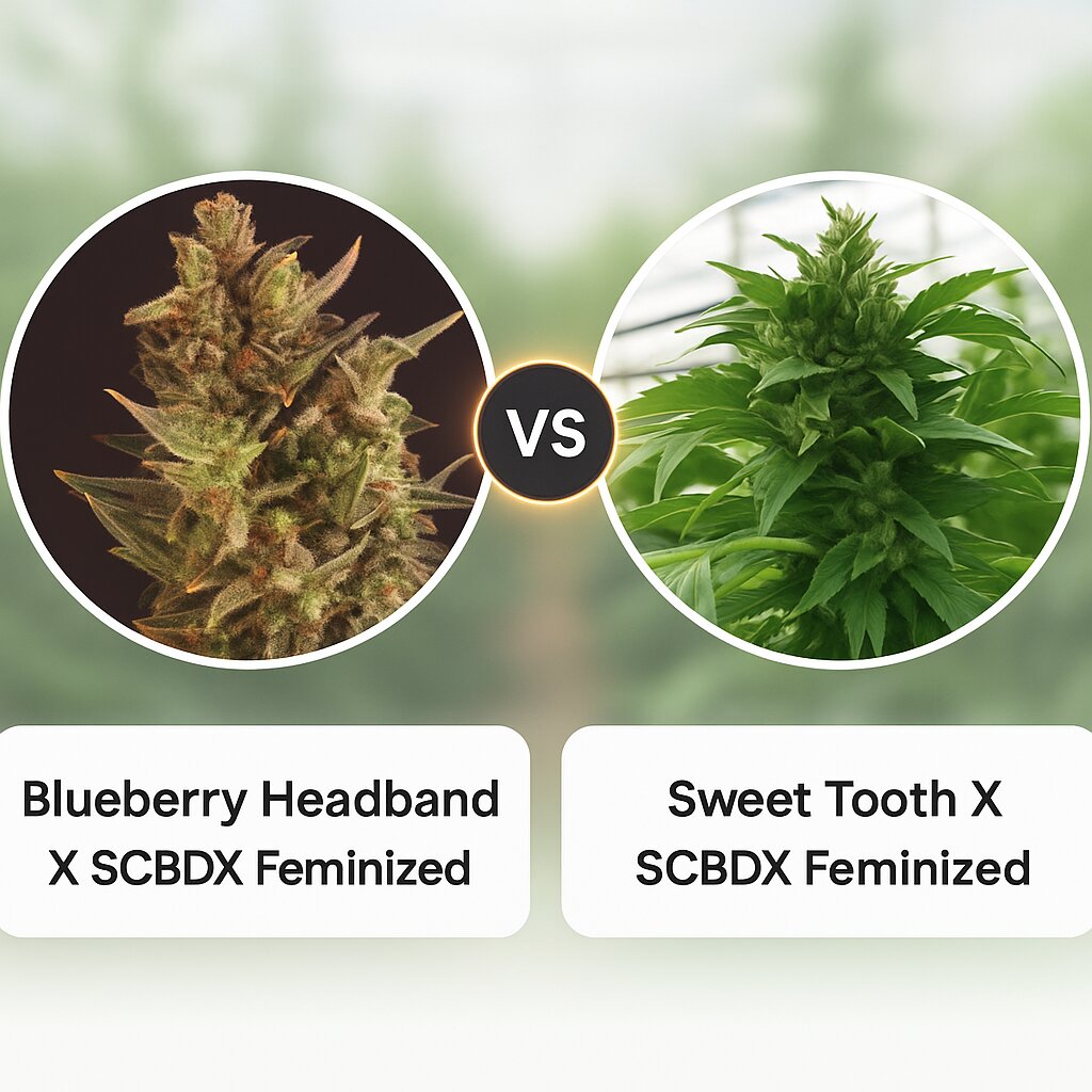Blueberry Headband X SCBDX (SuperCBDx) vs Sweet Tooth X SCBDX (SuperCBDx) cannabis seeds comparison