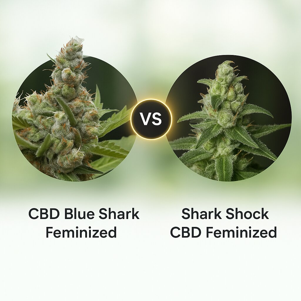 CBD Blue Shark (Barneys Farm) vs Shark Shock CBD (DinaFem Seeds) cannabis seeds comparison