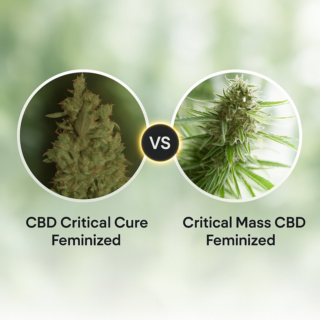 CBD Critical Cure (Barneys Farm) vs Critical Mass CBD (DinaFem Seeds) cannabis seeds comparison