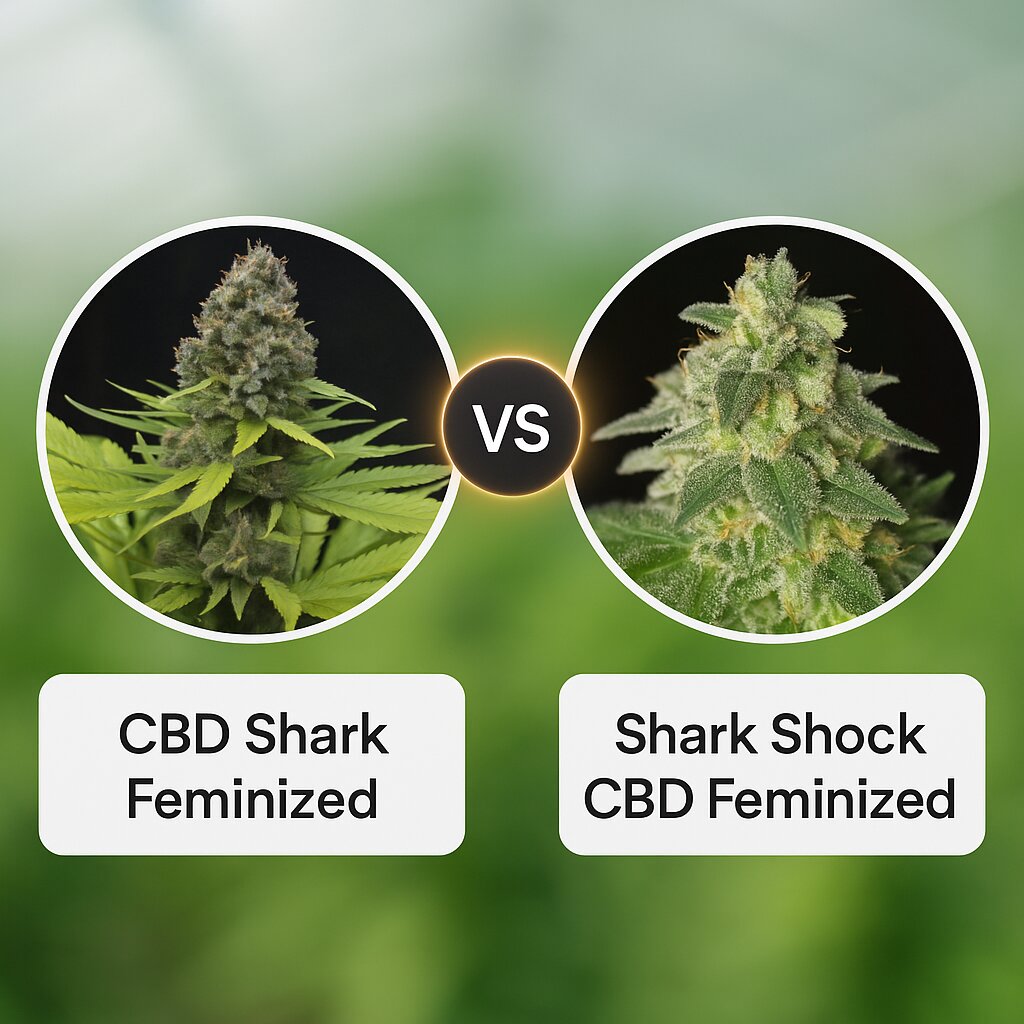 CBD Shark (CBD Crew) vs Shark Shock CBD (DinaFem Seeds) cannabis seeds comparison