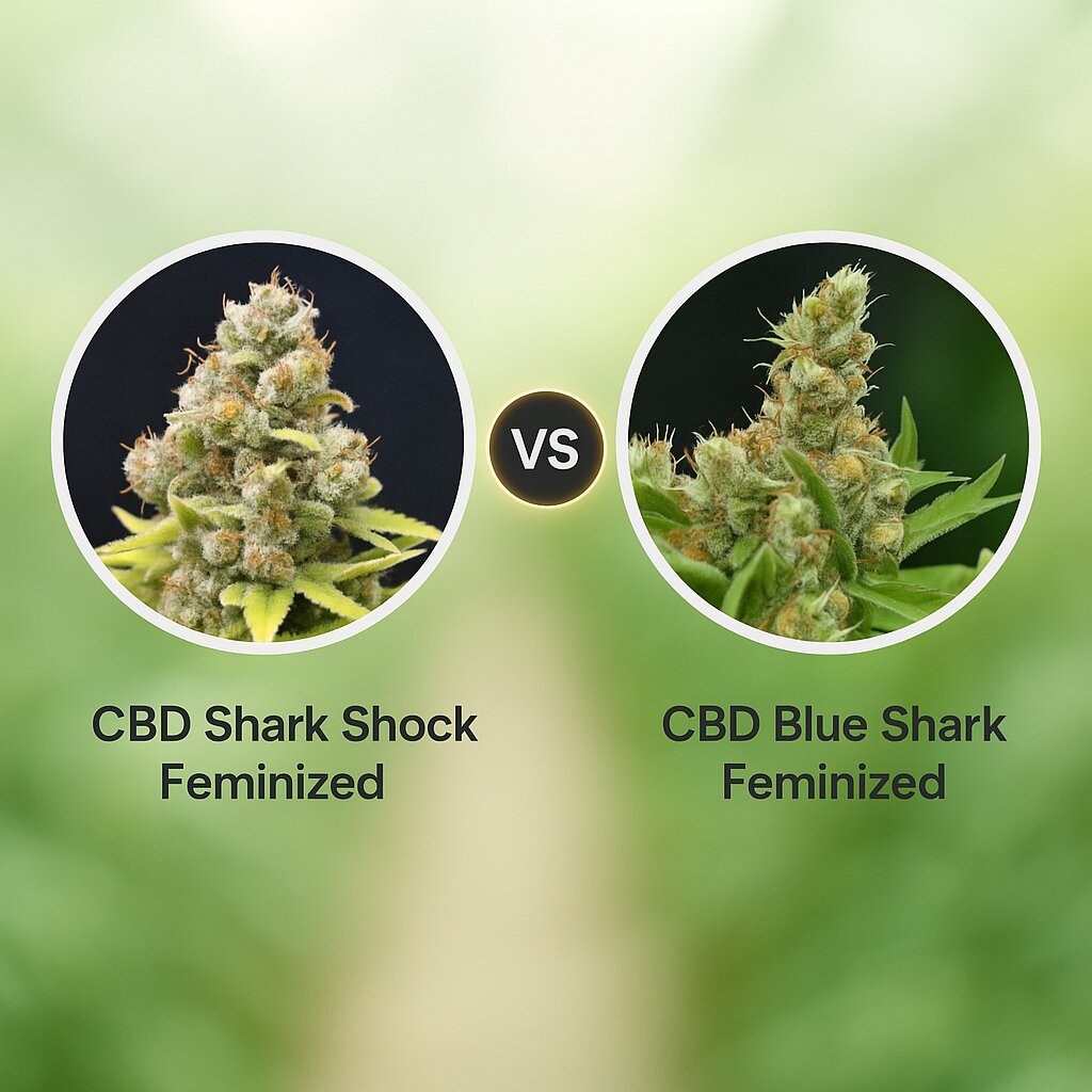 CBD Shark Shock (Seedsman) vs CBD Blue Shark (Barneys Farm) cannabis seeds comparison