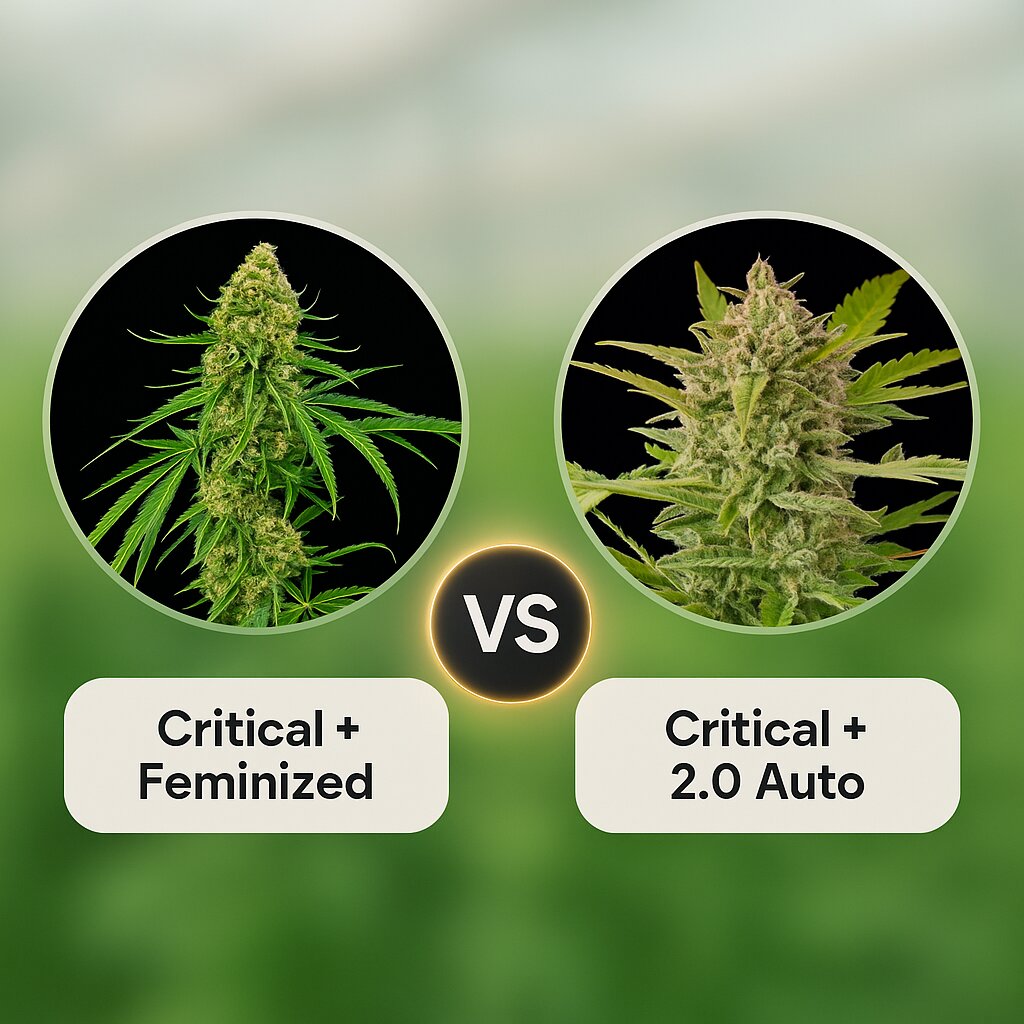 Critical + (DinaFem Seeds) vs Critical + 2.0 Auto (DinaFem Seeds) cannabis seeds comparison
