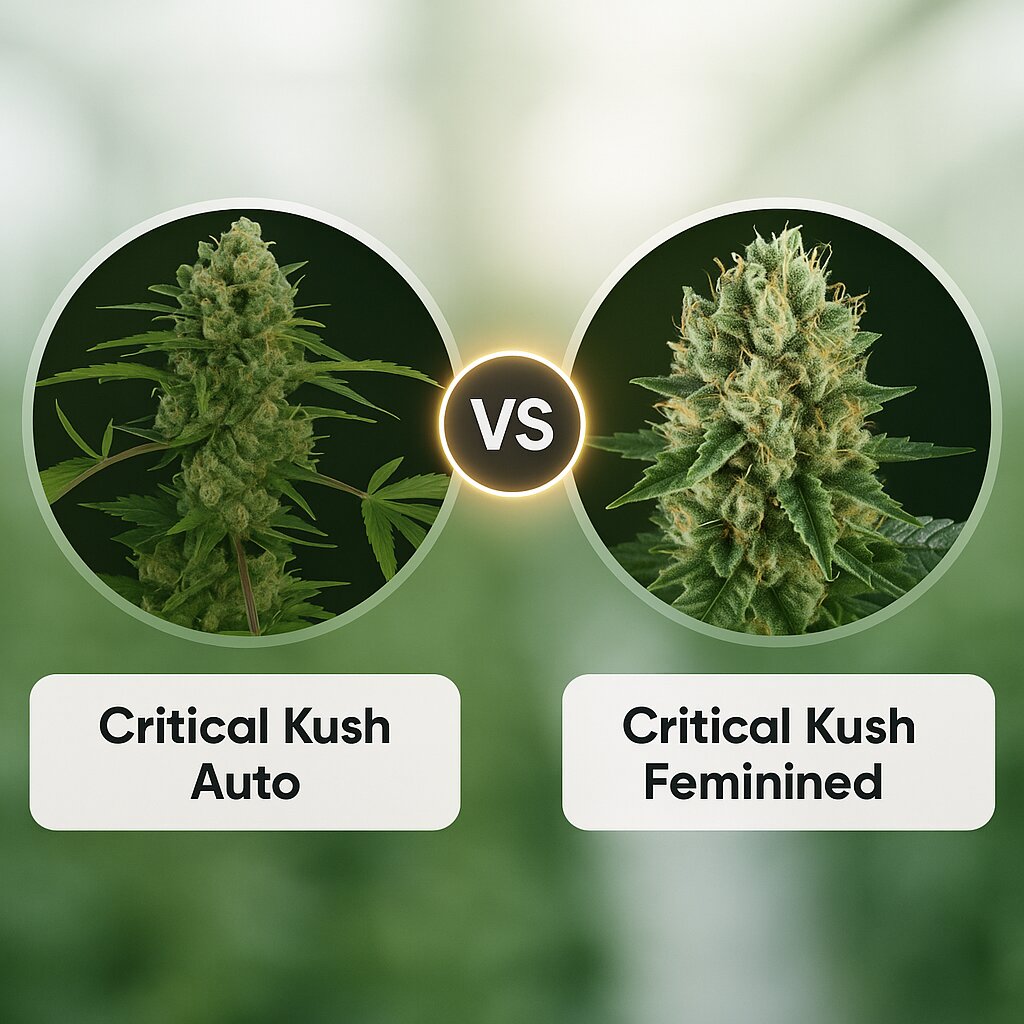 Critical Kush Auto (Barneys Farm) vs Critical Kush (Royal Queen Seeds) cannabis seeds comparison