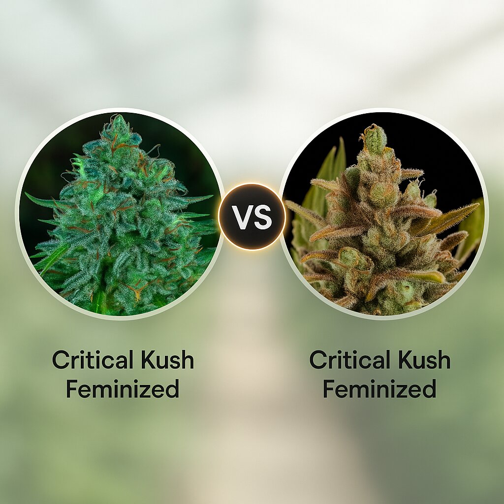 Critical Kush (Barneys Farm) vs Critical Kush (DinaFem Seeds) cannabis seeds comparison