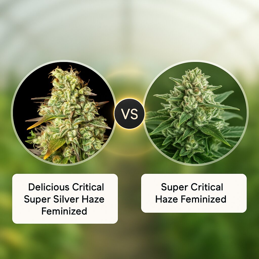 Delicious Critical Super Silver Haze (Delicious Seeds) vs Super Critical Haze (DinaFem Seeds) cannabis seeds comparison