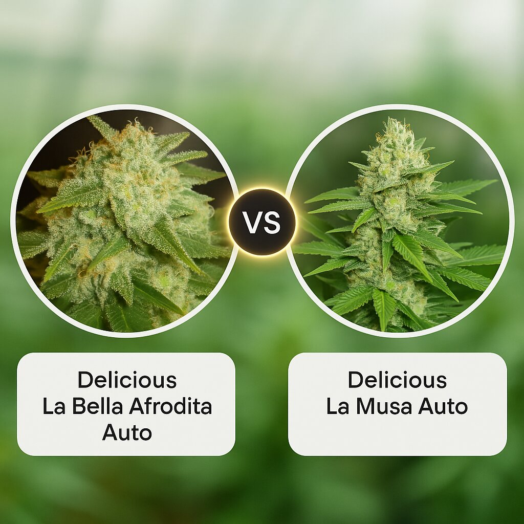 Delicious La Bella Afrodita Auto (Delicious Seeds) vs Delicious La Musa Auto (Delicious Seeds) cannabis seeds comparison