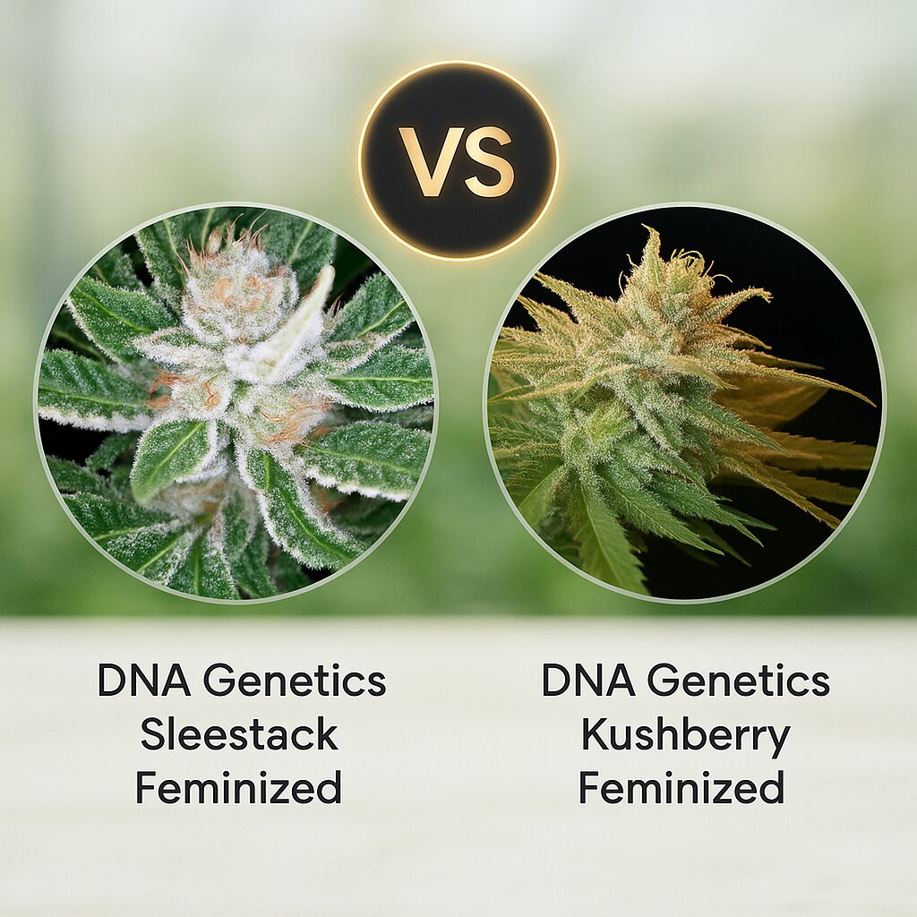 DNA Genetics Sleestack (DNA Genetics) vs DNA Genetics Kushberry (DNA Genetics) cannabis seeds comparison