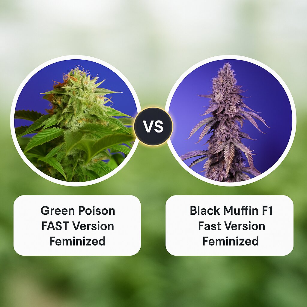 Green Poison FAST Version (Sweet Seeds) vs Black Muffin F1 Fast Version (Sweet Seeds) cannabis seeds comparison
