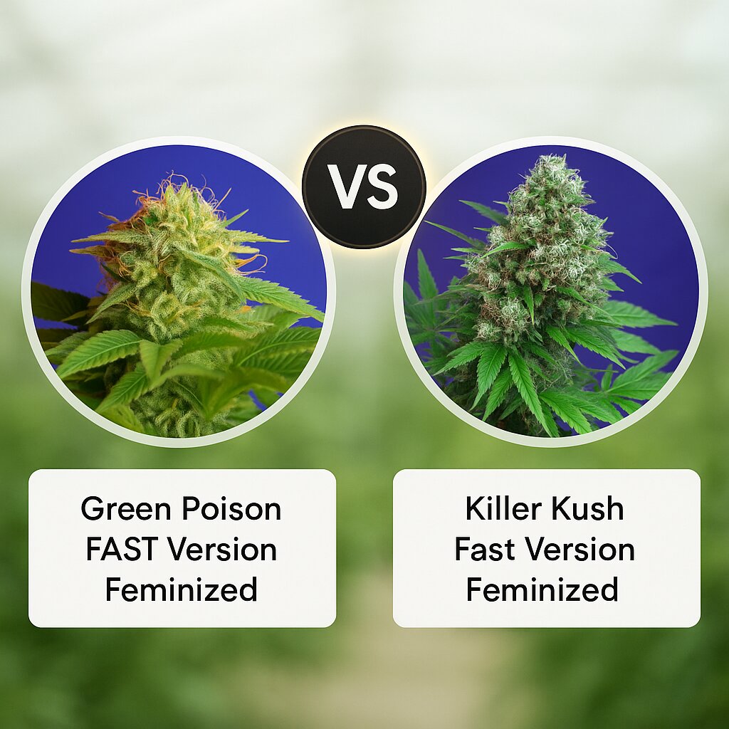 Green Poison FAST Version (Sweet Seeds) vs Killer Kush Fast Version (Sweet Seeds) cannabis seeds comparison