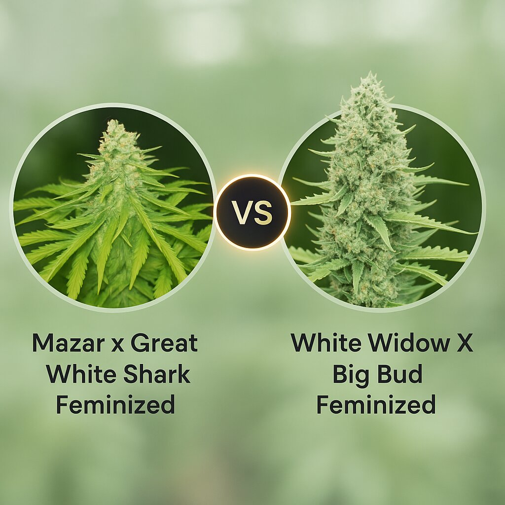 Mazar x Great White Shark (World of Seeds) vs White Widow X Big Bud (Female Seeds) cannabis seeds comparison