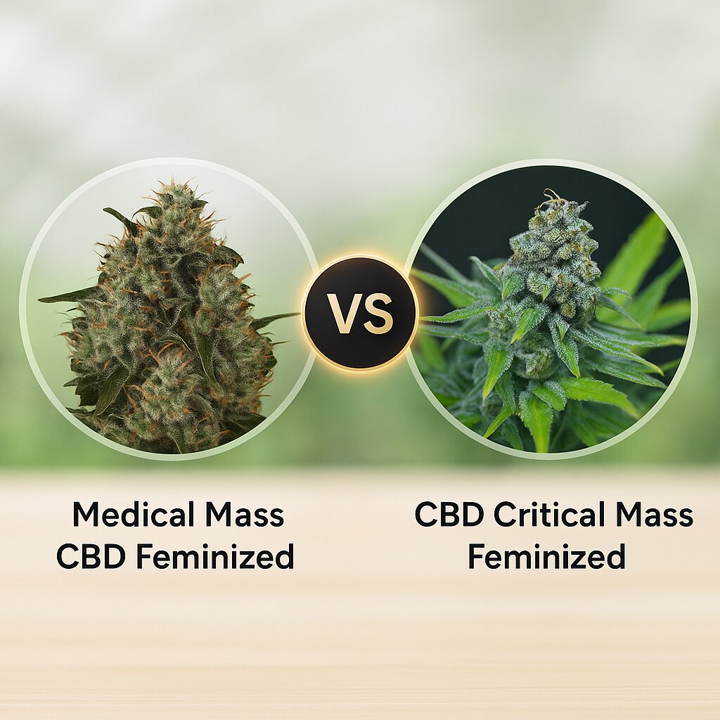 Medical Mass CBD (Royal Queen Seeds) vs CBD Critical Mass (CBD Crew) cannabis seeds comparison