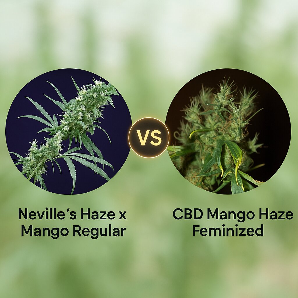 Neville's Haze x Mango Regular  (Mr Nice Seedbank) vs CBD Mango Haze (CBD Crew) cannabis seeds comparison