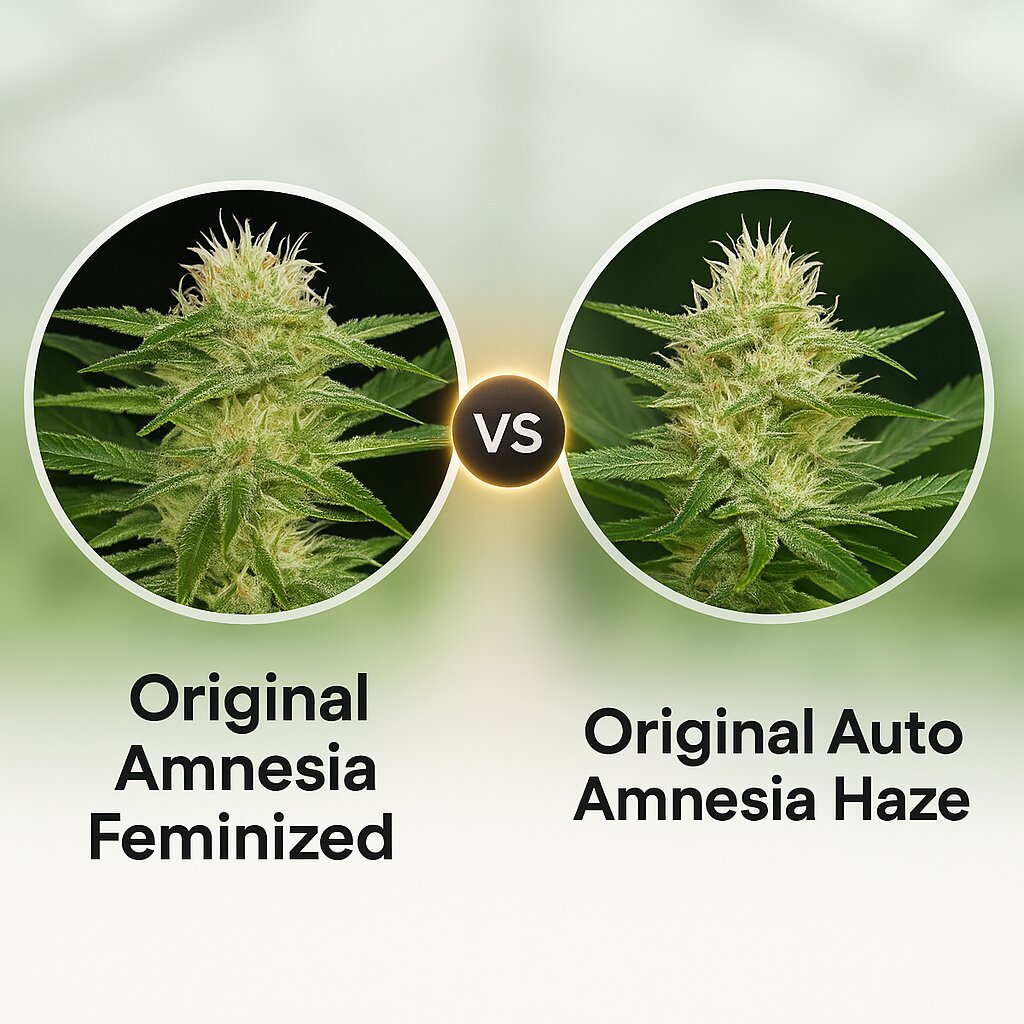 Original Amnesia (DinaFem Seeds) vs Original Auto Amnesia Haze (FastBuds) cannabis seeds comparison