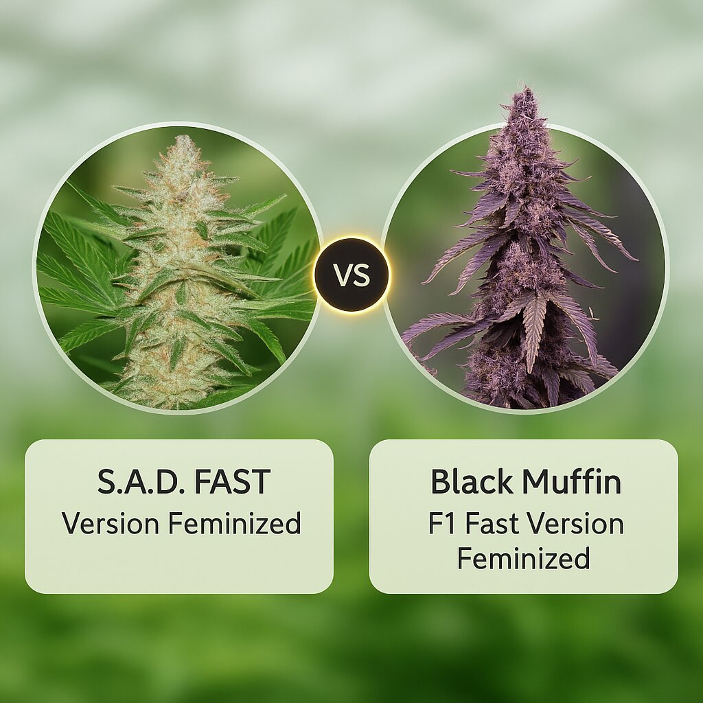 S.A.D. FAST Version (Sweet Seeds) vs Black Muffin F1 Fast Version (Sweet Seeds) cannabis seeds comparison