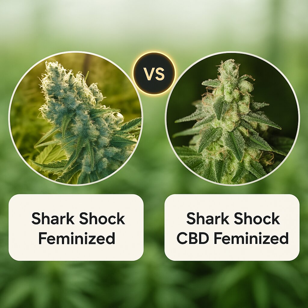 Shark Shock (CBD Crew) vs Shark Shock CBD (DinaFem Seeds) cannabis seeds comparison