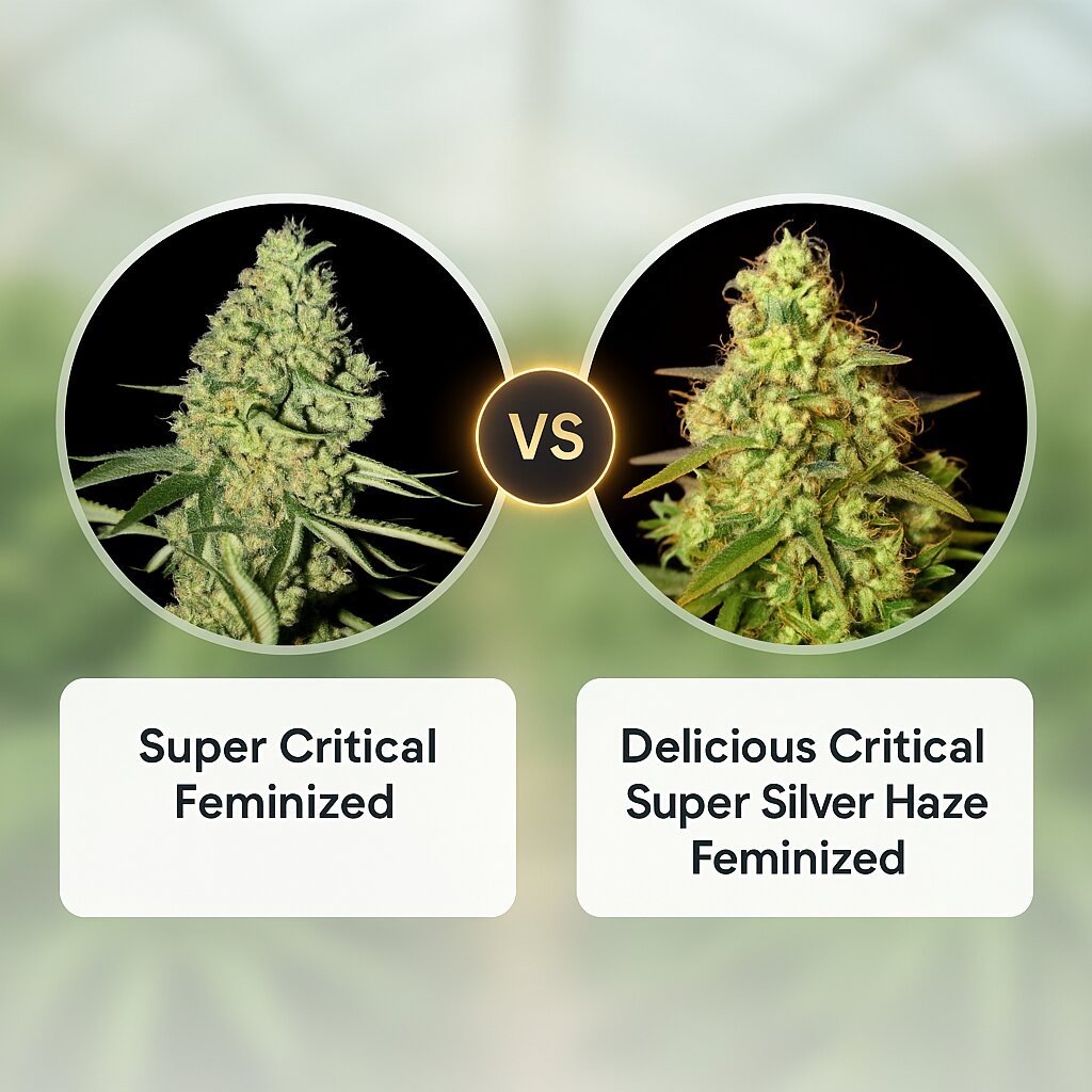 Super Critical (Greenhouse Seed Co) vs Delicious Critical Super Silver Haze (Delicious Seeds) cannabis seeds comparison