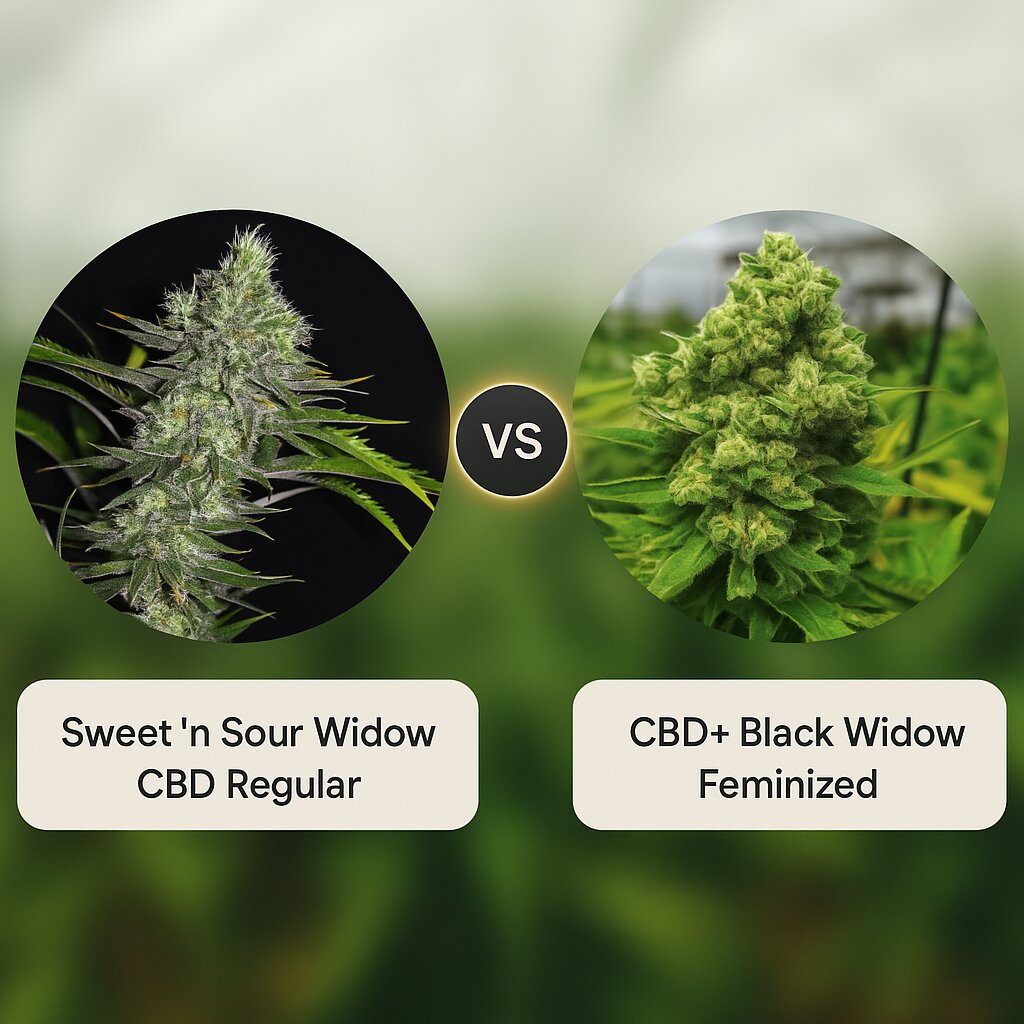 Sweet 'n Sour Widow CBD (CBD Crew) vs CBD+ Black Widow (Positronics) cannabis seeds comparison