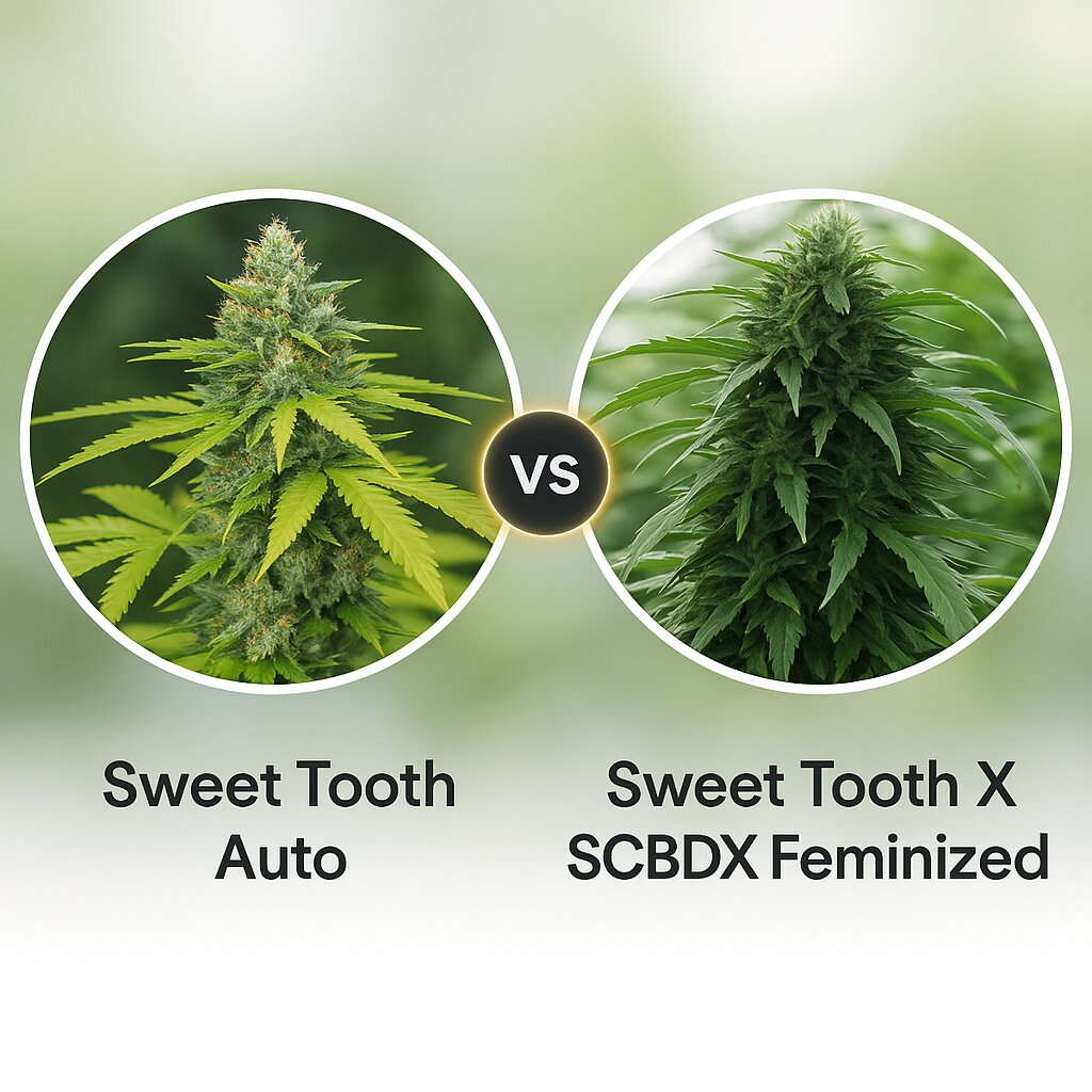 Sweet Tooth Auto (Barneys Farm) vs Sweet Tooth X SCBDX (SuperCBDx) cannabis seeds comparison