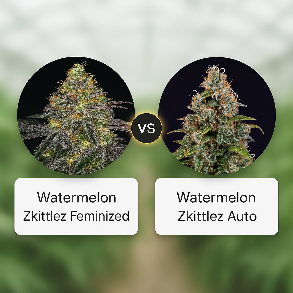 Watermelon Zkittlez (Barneys Farm) vs Watermelon Zkittlez Auto (Barneys Farm) cannabis seeds comparison