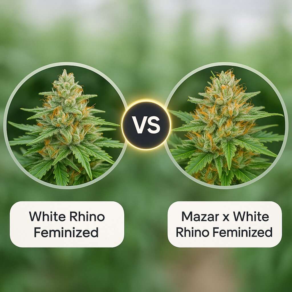 White Rhino (Nirvana Seeds) vs Mazar x White Rhino (World of Seeds) cannabis seeds comparison