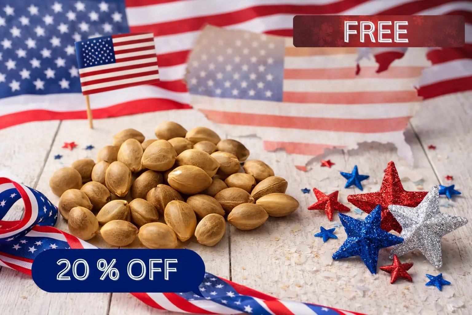 American-style hemp seeds promotion with 20 percent off sale banner.